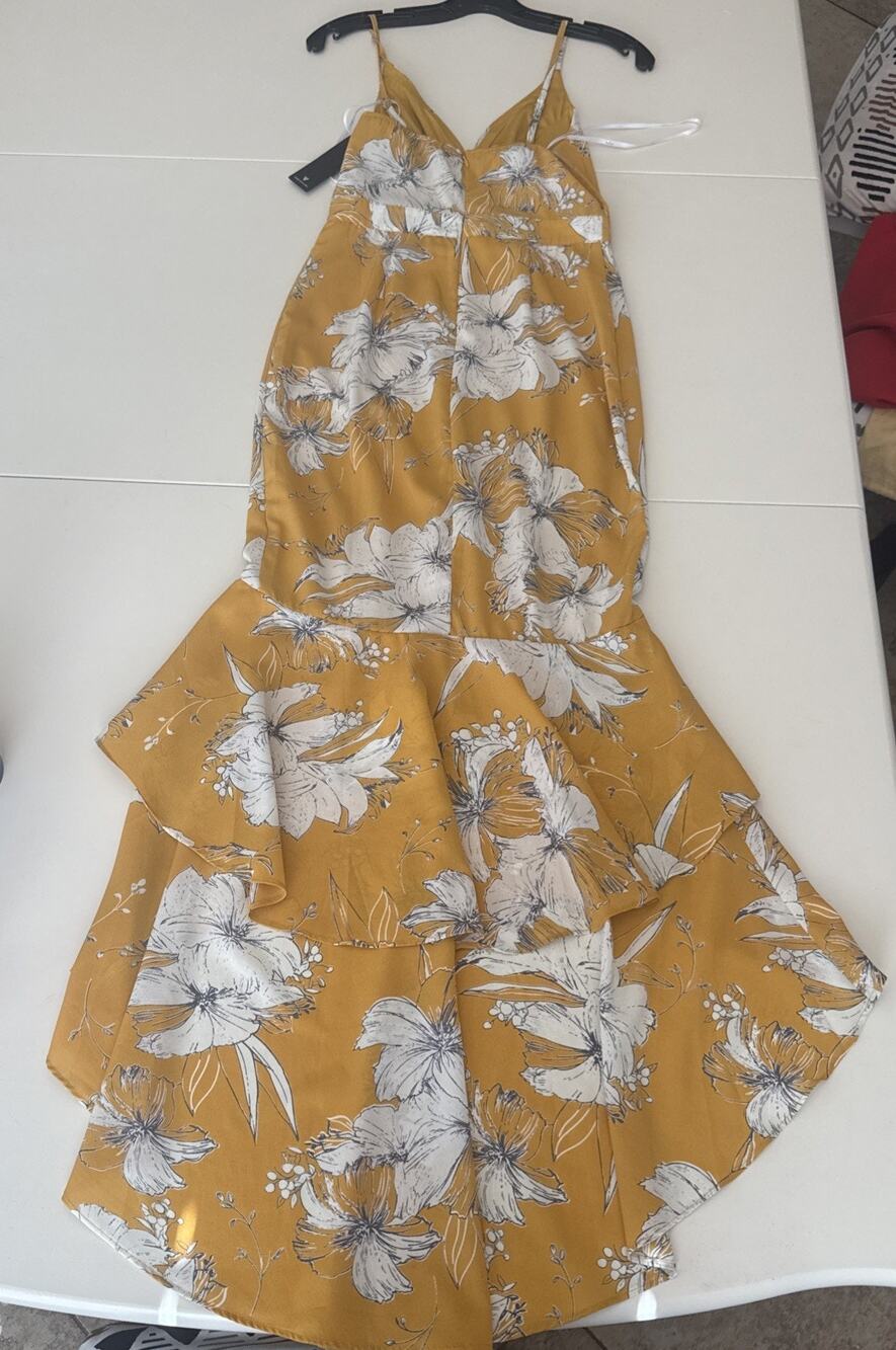 Lulus Mustard Yellow White Black Hi Lo Print Maxi Dress Women's Size XS NWT